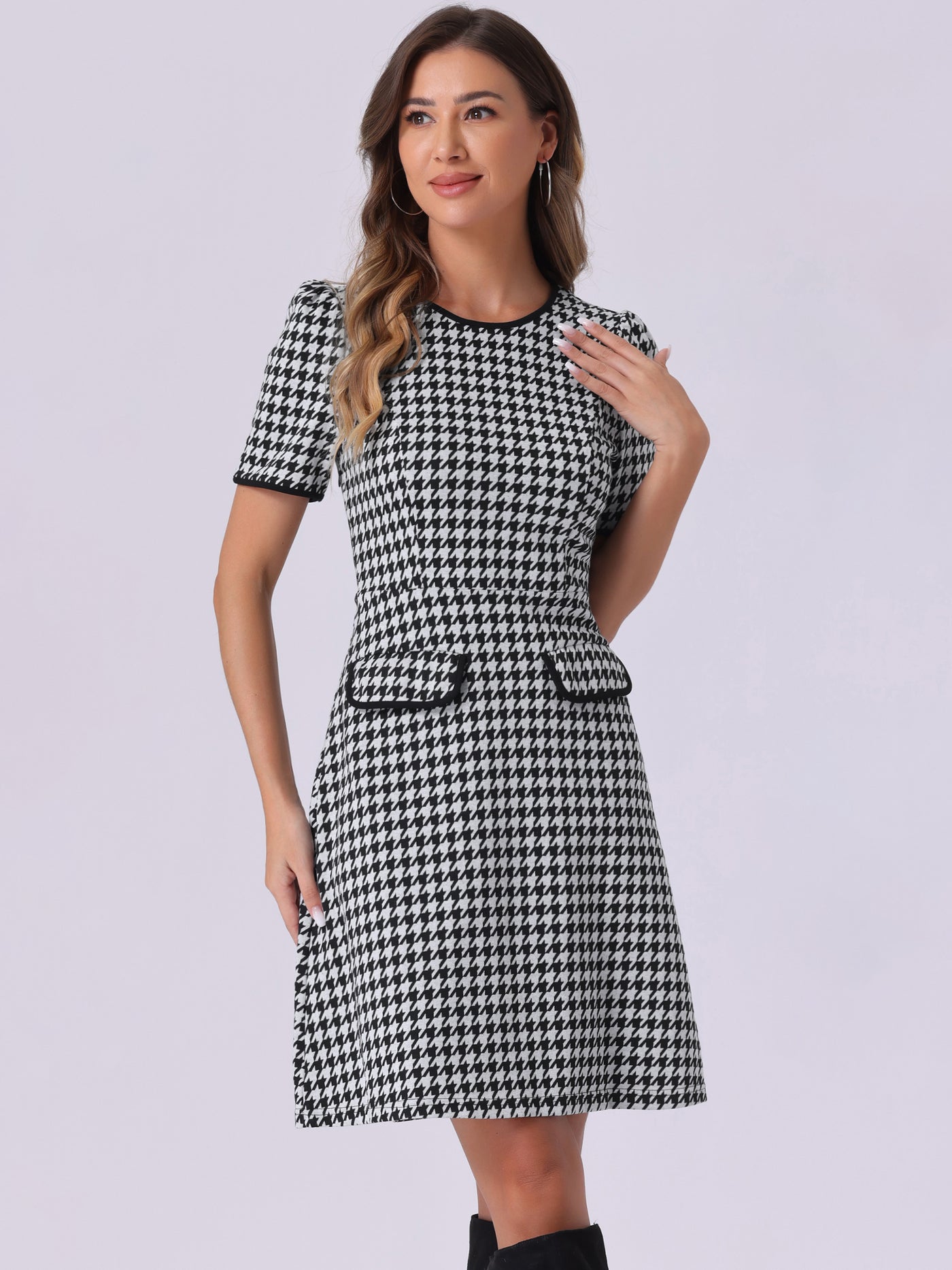 Allegra K Houndstooth Puff Sleeves Round Neck Midi Dress