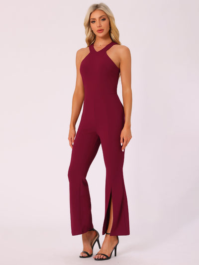 Halter Neck Sleeveless High Waist Split Hem Flare Leg Jumpsuit