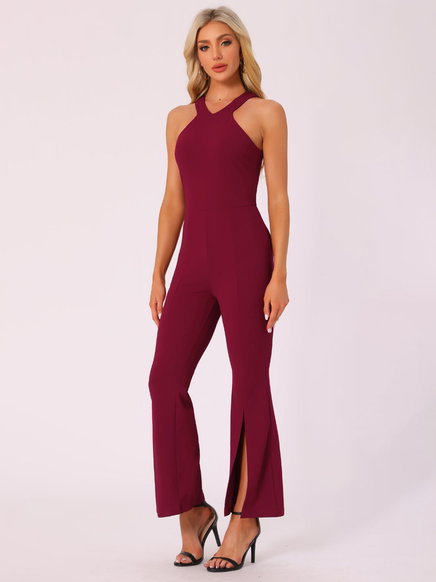 Allegra K Halter Neck Sleeveless High Waist Split Hem Flare Leg Jumpsuit