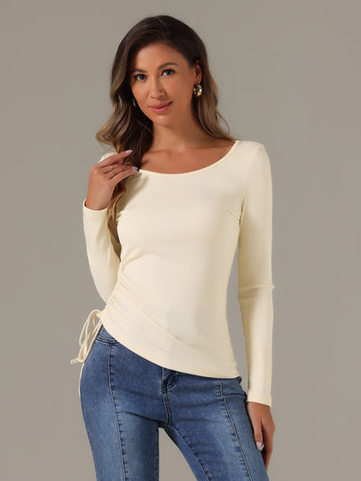 Drawstring Ruched Round Neck Long Sleeve Irregular Hem Basic T-shirt