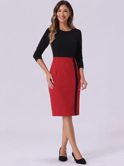 Pencil Round Neck 3/4 Sleeve Contrast Office Sheath Dress