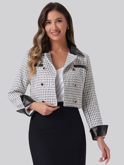 Tweed Plaid Contrast Collar Double Breasted Retro Cropped Jacket