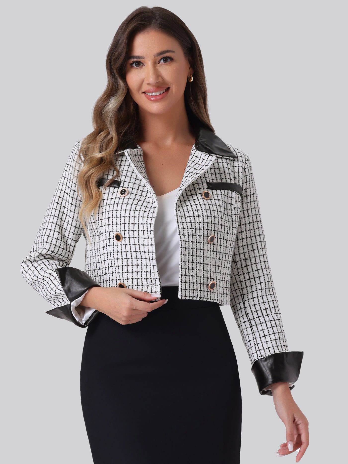 Allegra K Tweed Plaid Contrast Collar Double Breasted Retro Cropped Jacket