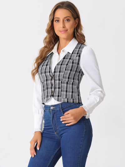 Retro Plaid V Neck Single Breasted Sleeveless Racerback Waistcoat