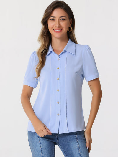 Button Down Shirt Contrast Trim Puff Short Sleeve Blouse