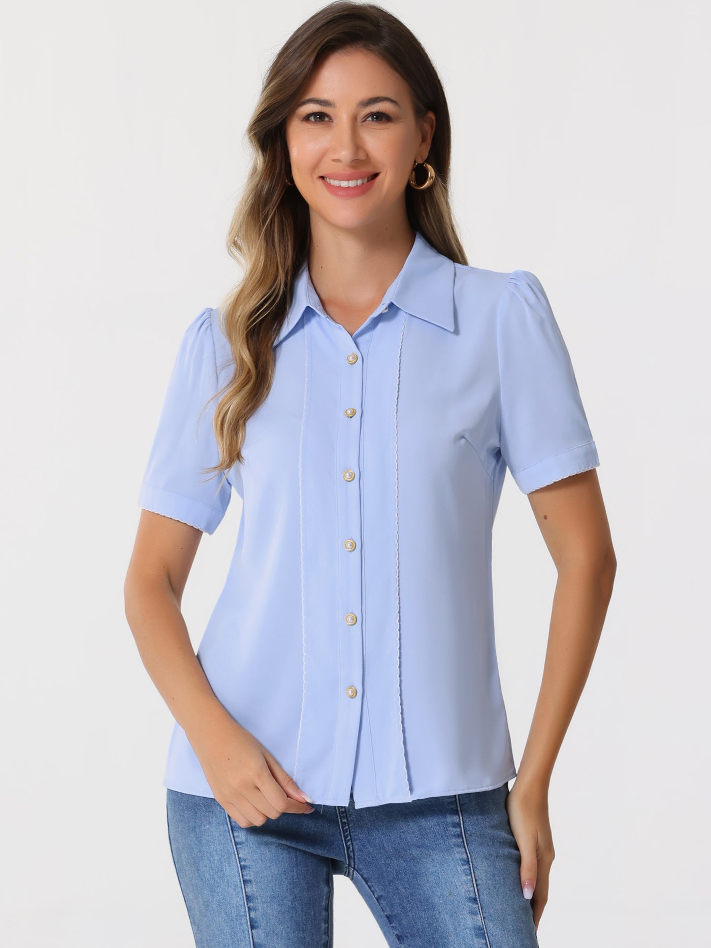 Allegra K Button Down Shirt Contrast Trim Puff Short Sleeve Blouse