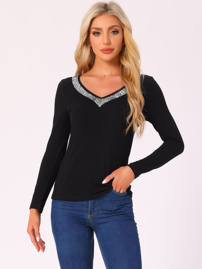 Sequins Long Sleeve V Neck Basic Casual Blouse