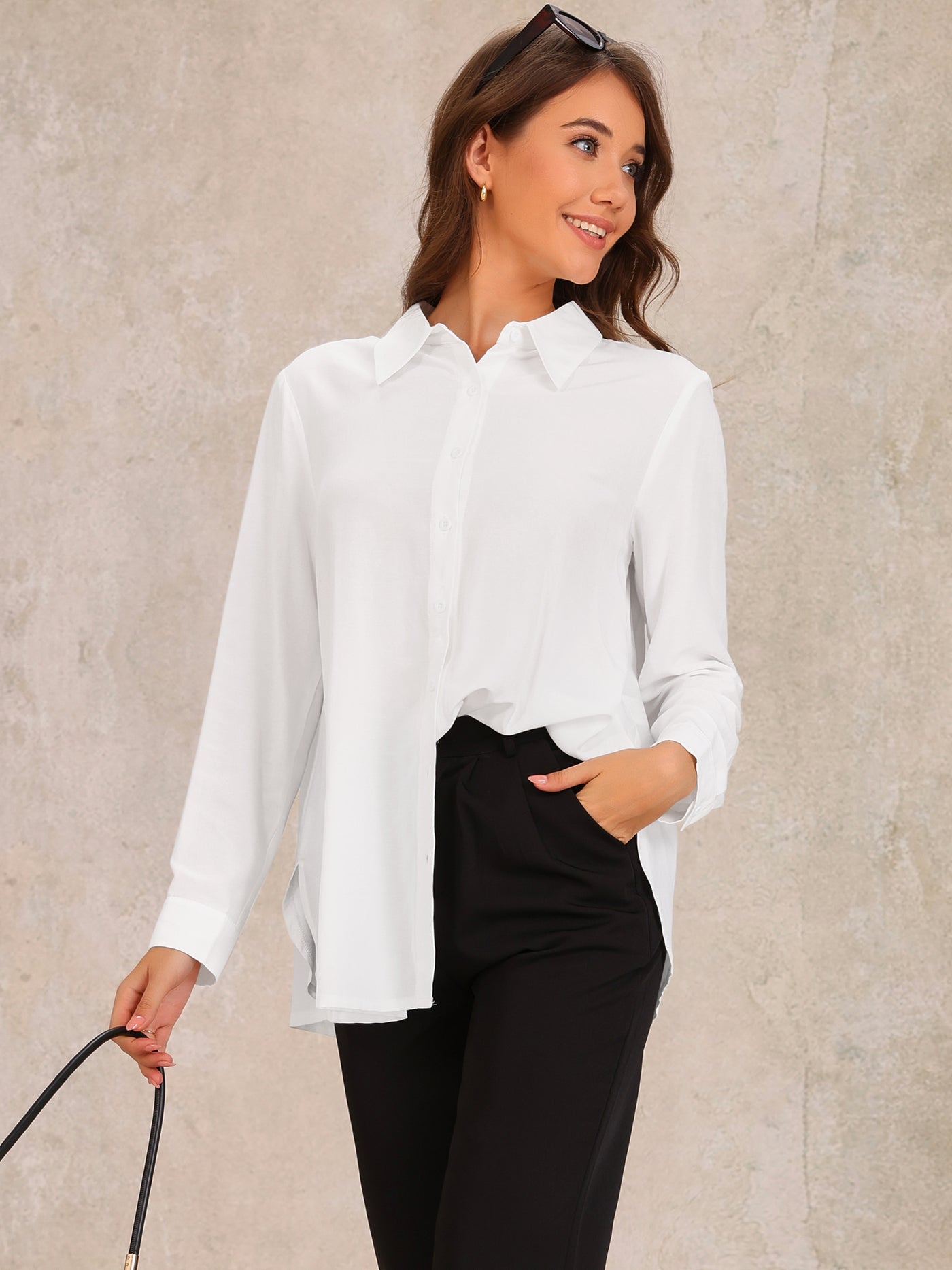 Allegra K Button Down Collared Side Slit Long Sleeve Blouse