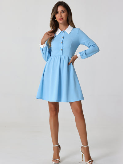 Contrast Color Puff Long Sleeve Collared Flare Short Dress