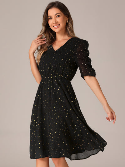 Metallic Stars Ruched Sleeve V Neck A-line Chiffon Dress