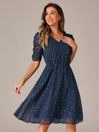 Metallic Stars Ruched Sleeve V Neck A-line Chiffon Dress