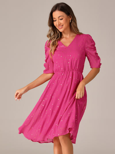 Metallic Stars Ruched Sleeve V Neck A-line Chiffon Dress