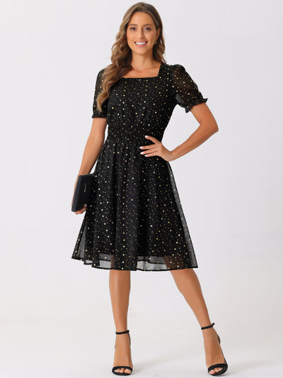 Square Neck Metallic Stars Ruffle Short Sleeve A-Line Smocked Waist Midi Dress