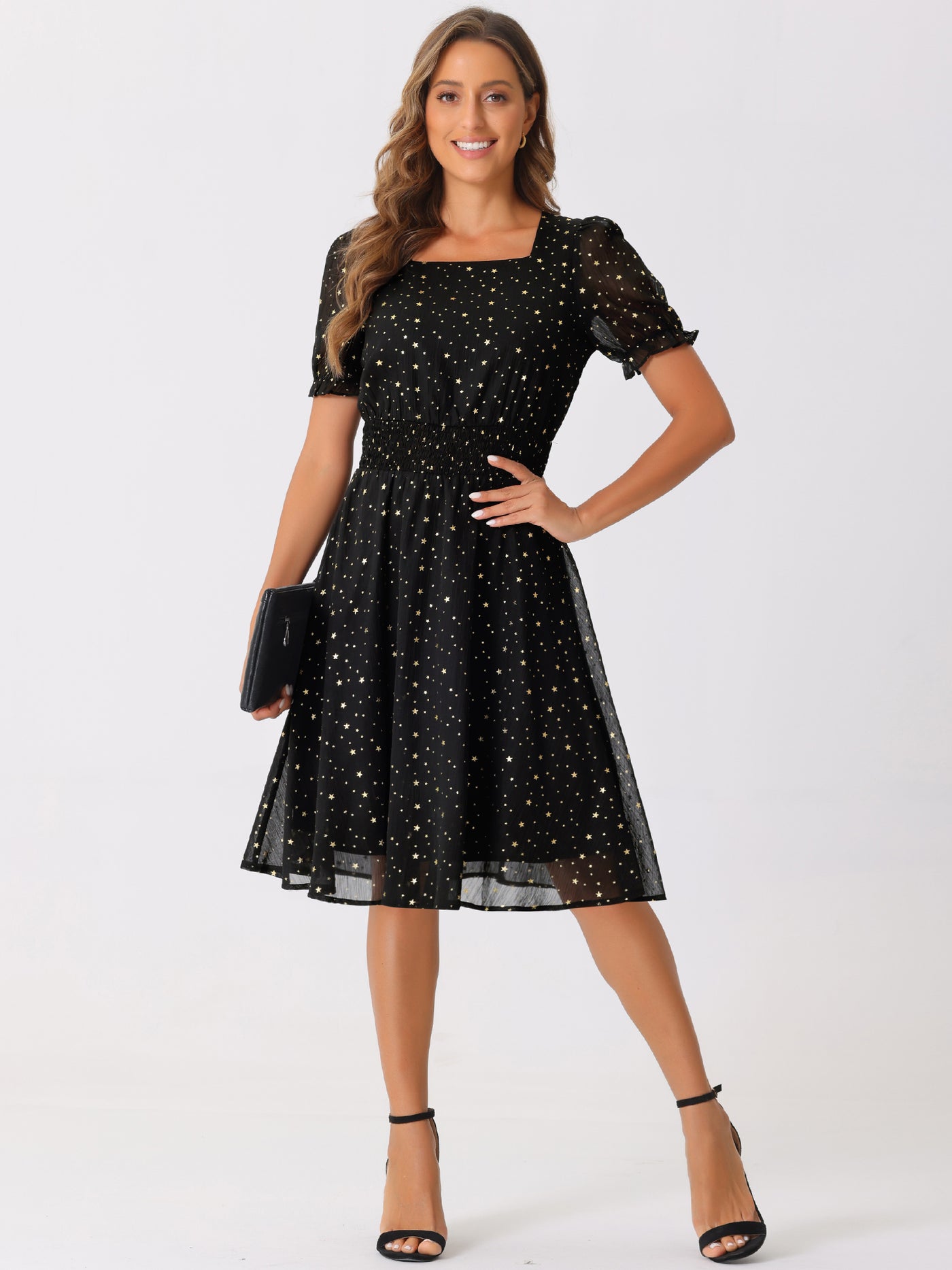 Allegra K Square Neck Metallic Stars Ruffle Short Sleeve A-Line Smocked Waist Midi Dress