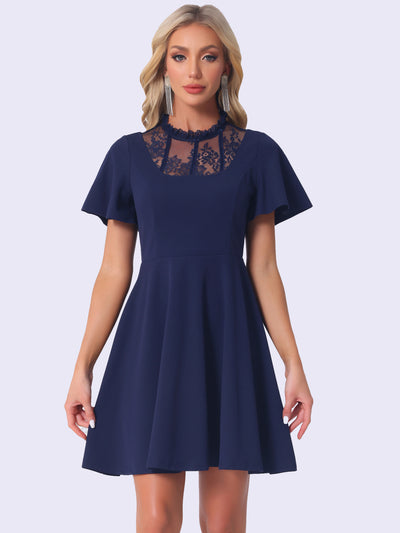 Flutter Sleeve Lace Mesh Hight Neck Casual Midi Dress