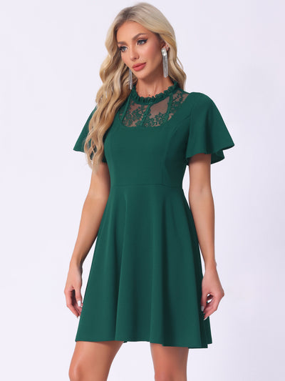 Flutter Sleeve Lace Mesh Hight Neck Casual Midi Dress