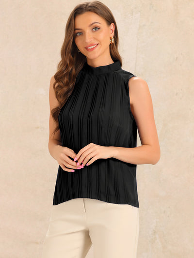 Chiffon Sleeveless Pleated Mock Neck Business Casual Blouse