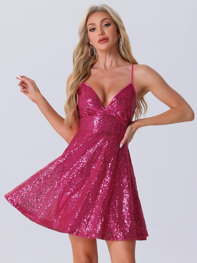 Glitter Sequin Spaghetti Strap Tie Back Backless Mini Party Dress