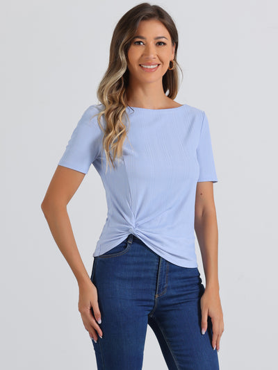 Allegra K Casual Round Neck Short Sleeve Twist Knot Tee T-Shirt