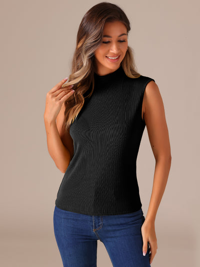 Mock Neck Knit Ribbed Solid Color Textured Sleeveless Blouse