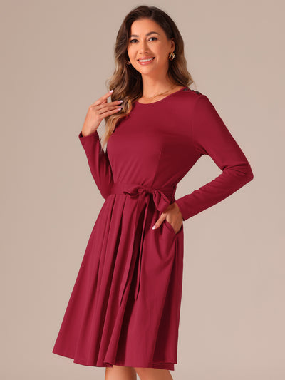 Solid Color Long Sleeve Belted Pockets A-Line Midi Dress