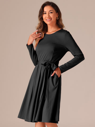 Solid Color Long Sleeve Belted Pockets A-Line Midi Dress