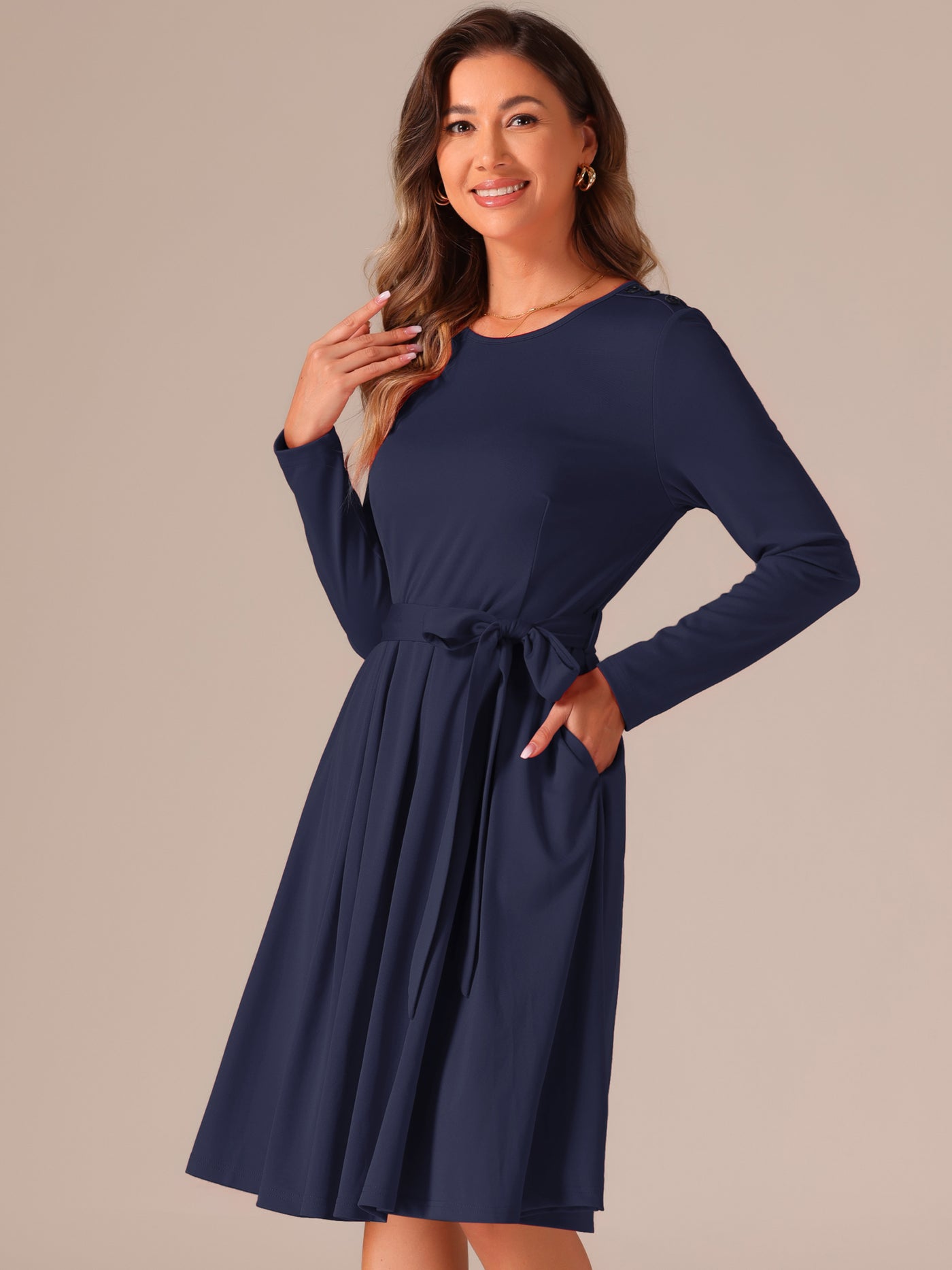 Allegra K Solid Color Long Sleeve Belted Pockets A-Line Midi Dress