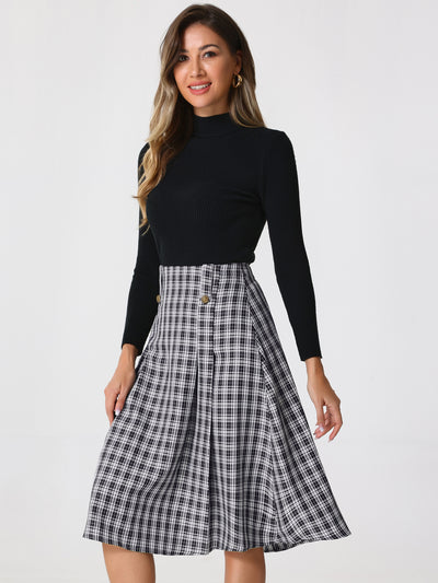 Vintage Plaid High Waist Pleated A-Line Midi Skirt