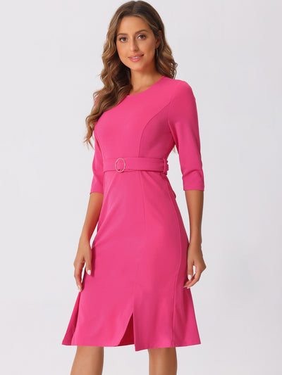 Crew Neck 3/4 Sleeve Slit Office Belted Pencil Sheath Dress