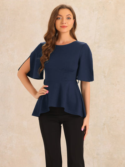 Split Half Sleeve Crew Neck Belted Knot Drap Casual Peplum Blouse