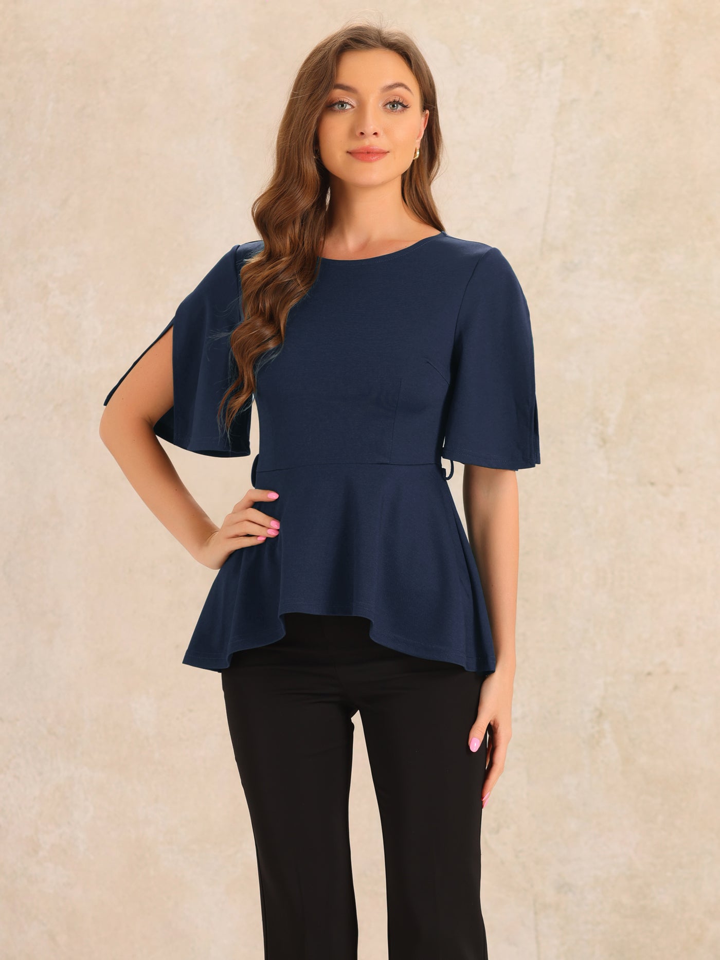 Allegra K Split Half Sleeve Crew Neck Belted Knot Drap Casual Peplum Blouse