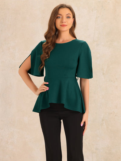 Split Half Sleeve Crew Neck Belted Knot Drap Casual Peplum Blouse