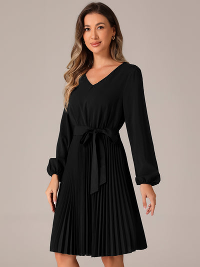 Allegra K Tie Waist V Neck Long Sleeve A-Line Pleated Midi Dress