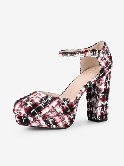 Women's Plaid Platform Ankle Strap Chunky Heel Mary Jane Pumps