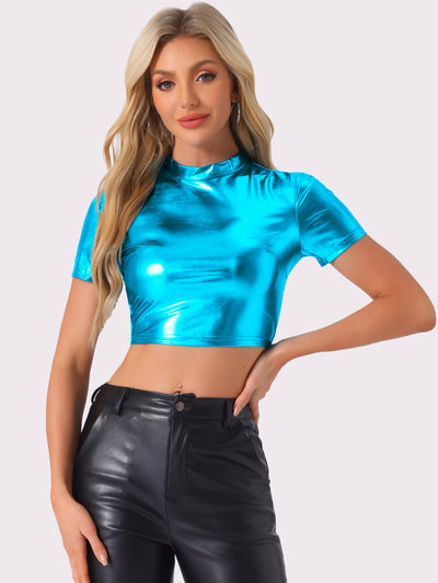 Sparkle Party Tops Short Sleeve Mock Neck Metallic Crop Top