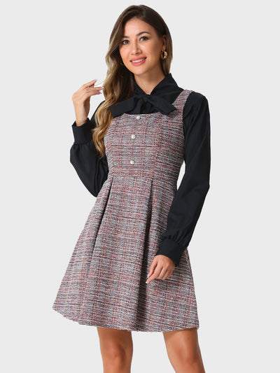 Tweed Sleeveless Square Neck Plaid Fit and Flare Dress