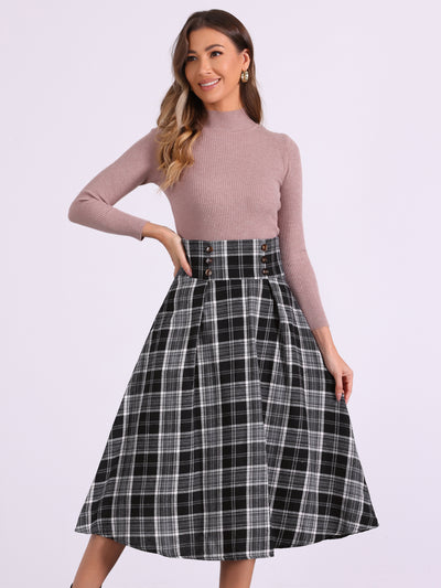 Plaid High Elastic Waist Skirt Vintage Fall Winter A-Line Midi Skirt