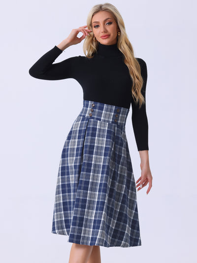 Plaid High Elastic Waist Skirt Vintage Fall Winter A-Line Midi Skirt