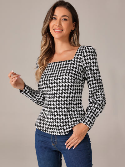 Houndstooth Square Neck Bishop Sleeve Casual Blouse