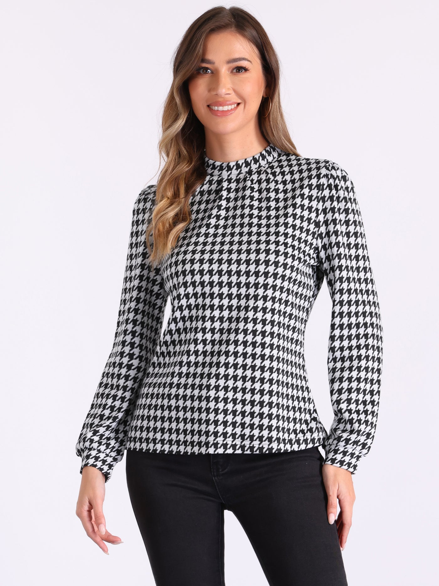 Allegra K Houndstooth Mock Neck Long Sleeve Casual Blouse