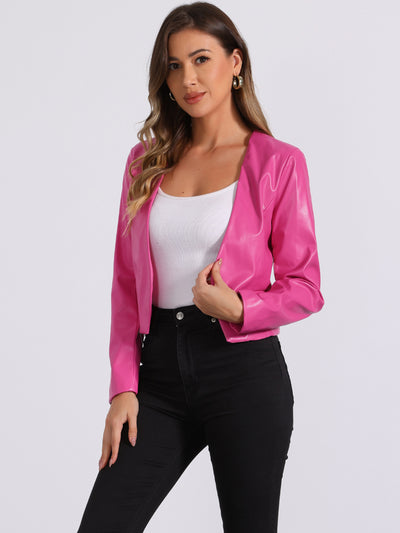 Faux Leather Collarless Open Front PU Moto Biker Crop Blazer