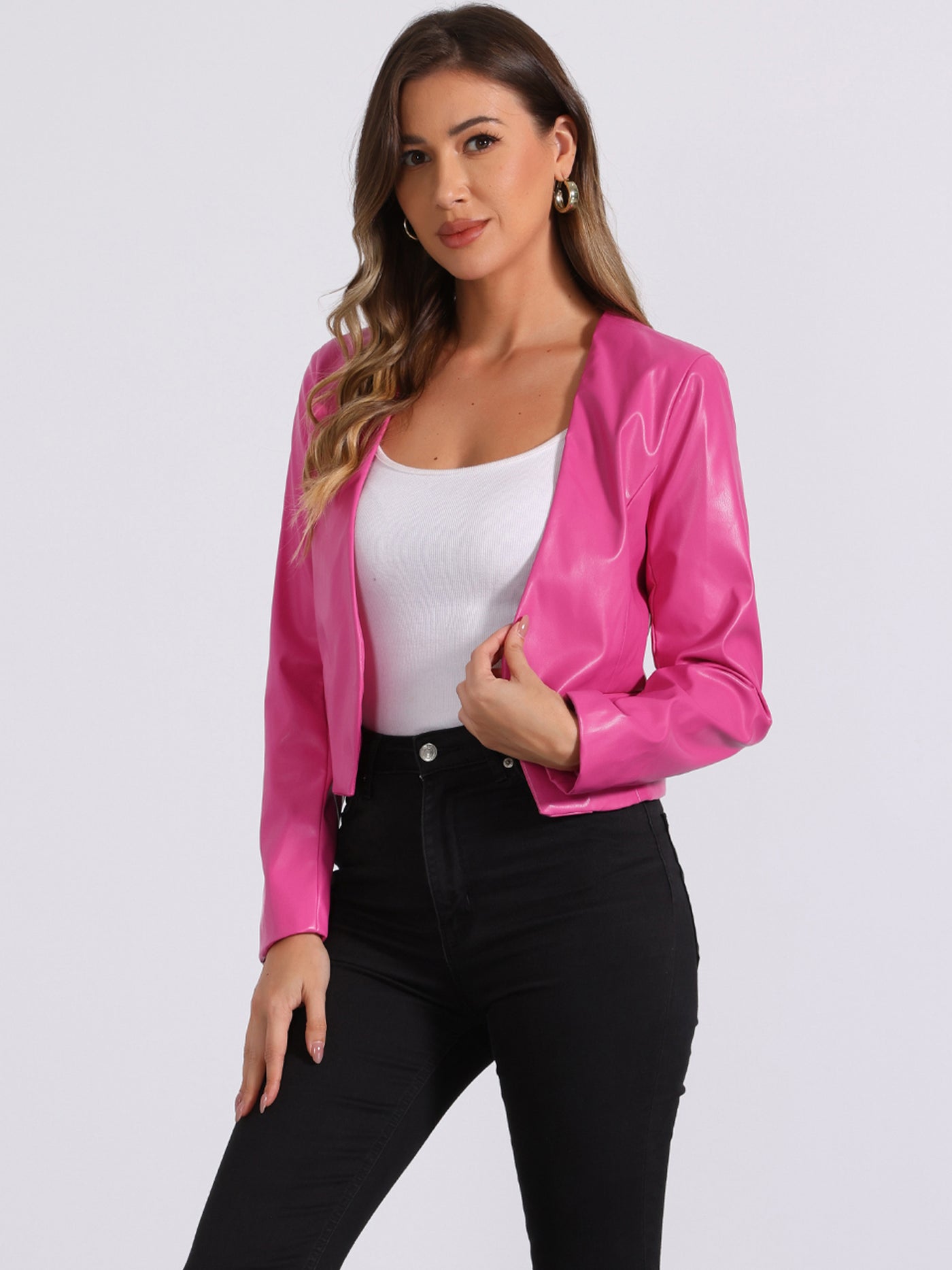 Allegra K Faux Leather Collarless Open Front PU Moto Biker Crop Blazer