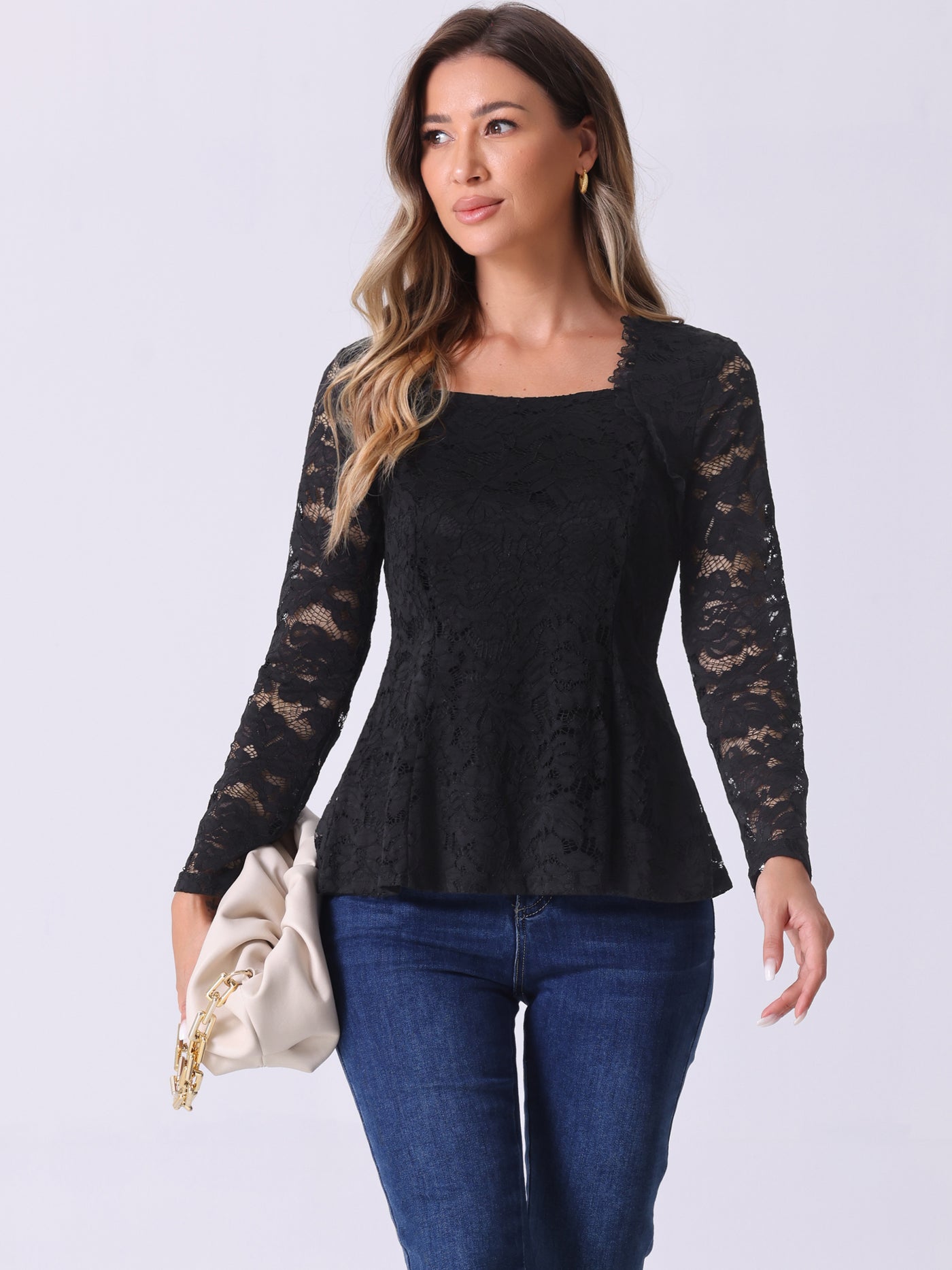 Allegra K Lace Square Neck Long Sleeve Stertch Peplum Blouse