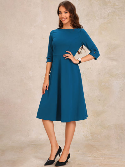 3/4 Sleeve Boat Neck Solid Color A-Line Midi Dress