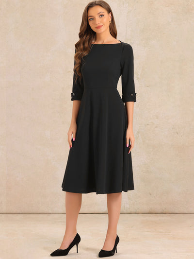 3/4 Sleeve Boat Neck Solid Color A-Line Midi Dress