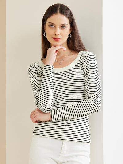 Stripe Stretch Scoop Neck Long Sleeve Casual Basic Top