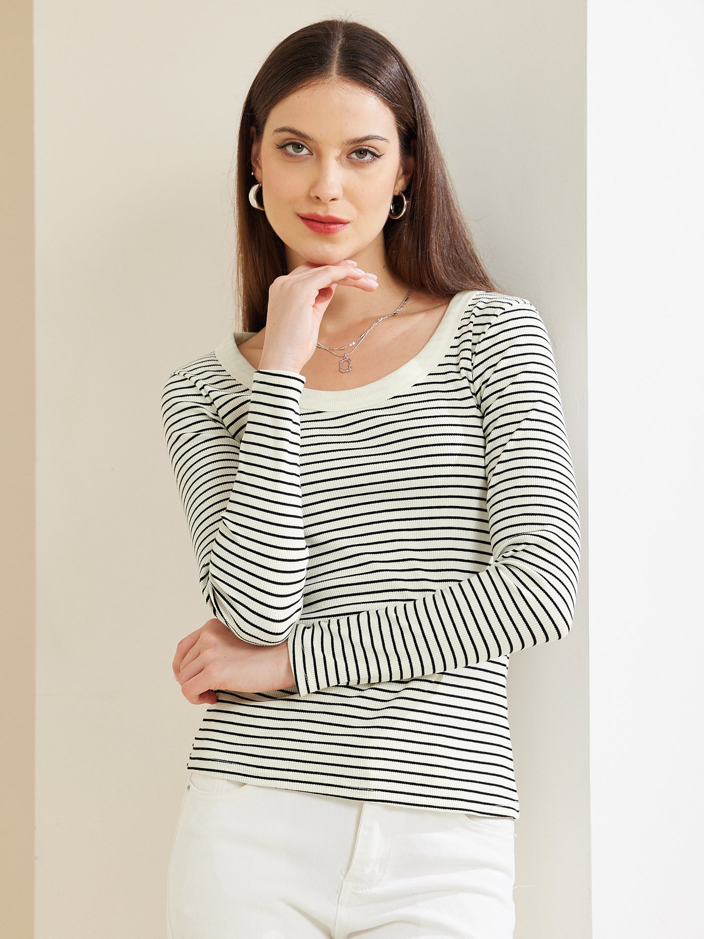 Allegra K Stripe Stretch Scoop Neck Long Sleeve Casual Basic Top