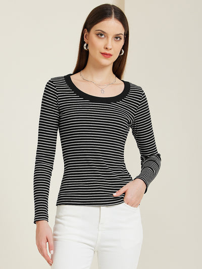 Stripe Stretch Scoop Neck Long Sleeve Casual Basic Top