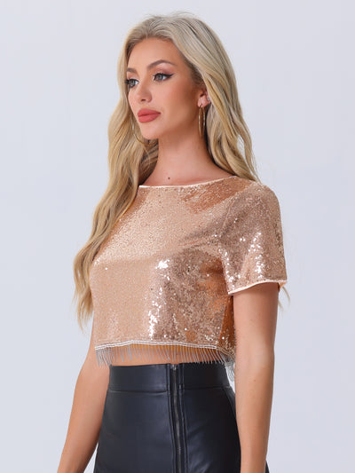 Sequin Glitter Short Sleeve Tassel Cropped Blouse