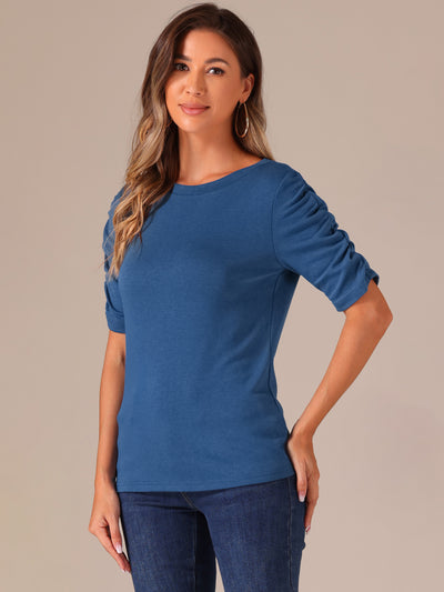 Short Ruched Sleeve Boat Neck Stretchy Basic Casual Blouse